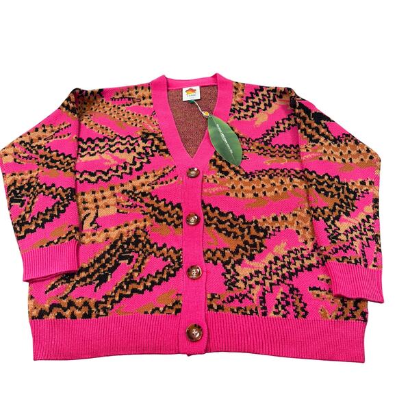 NEW FARM Rio Croco Pink Knit Cardigan Sweater Oversized Abstract Crocodile XS